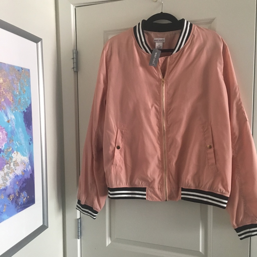 Blush Bomber Jacket with Black and White Trim